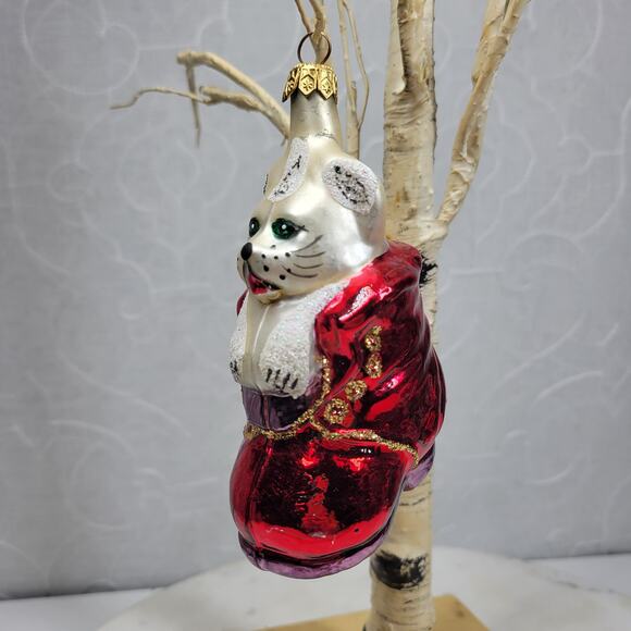 Vintage Kurt Adler Handmade Glass Cat Ornament Red Coat Glitter Christmas - Picture 3 of 16